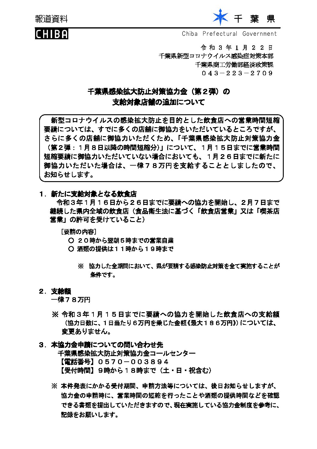 千葉県感染拡大防止対策協力金（第２弾）の 支給対象店舗の追加について